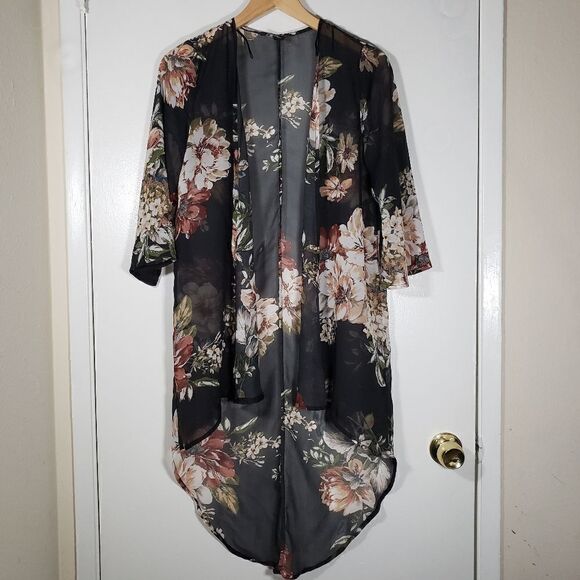 Windsor Sheer Black Floral Flowy Kimono Cover Up Size S - Picture 1 of 6